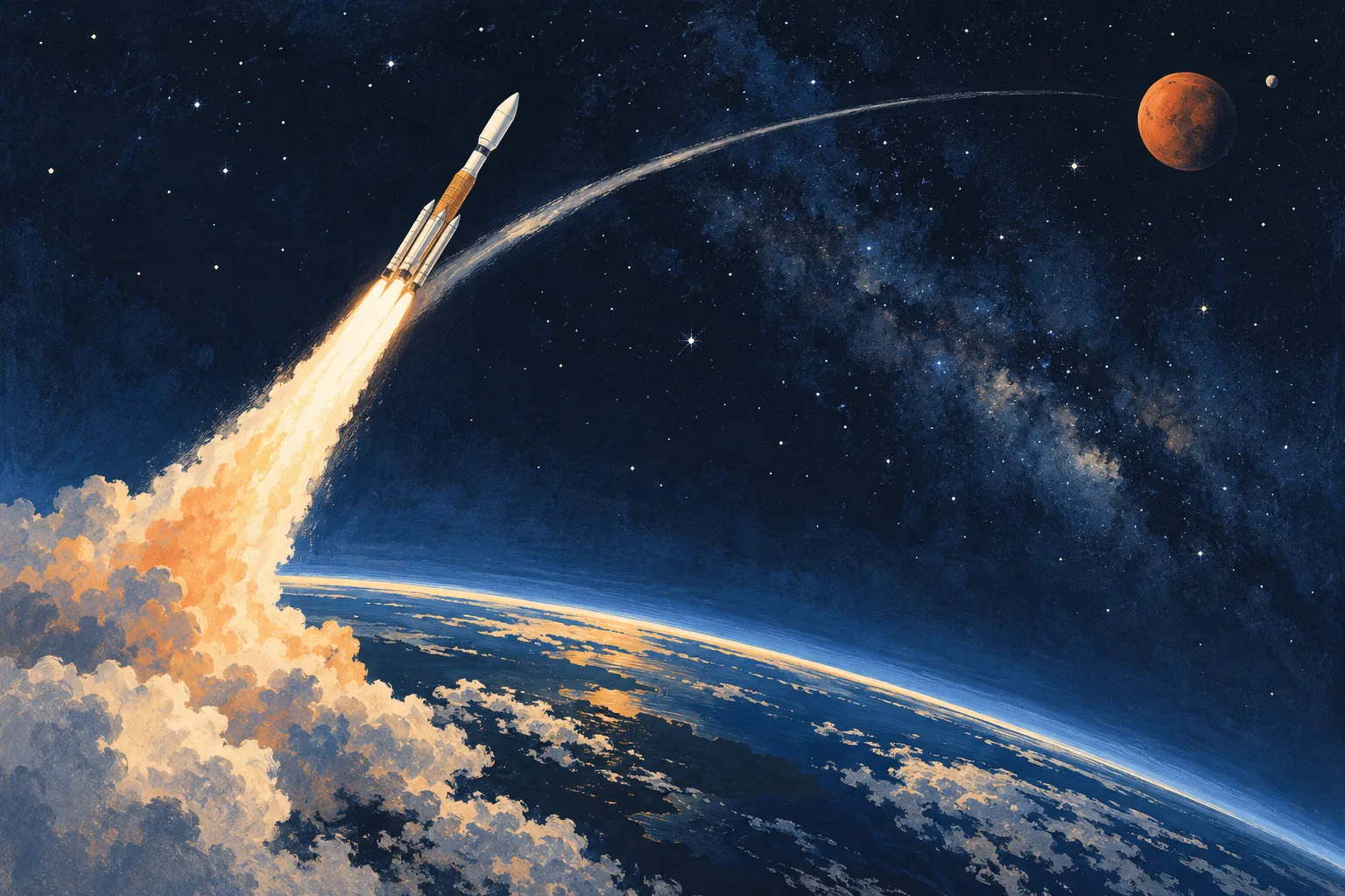 Illustration of a white rocket climbing in a long arc above the blue Earth toward a small red Mars and its tiny moon