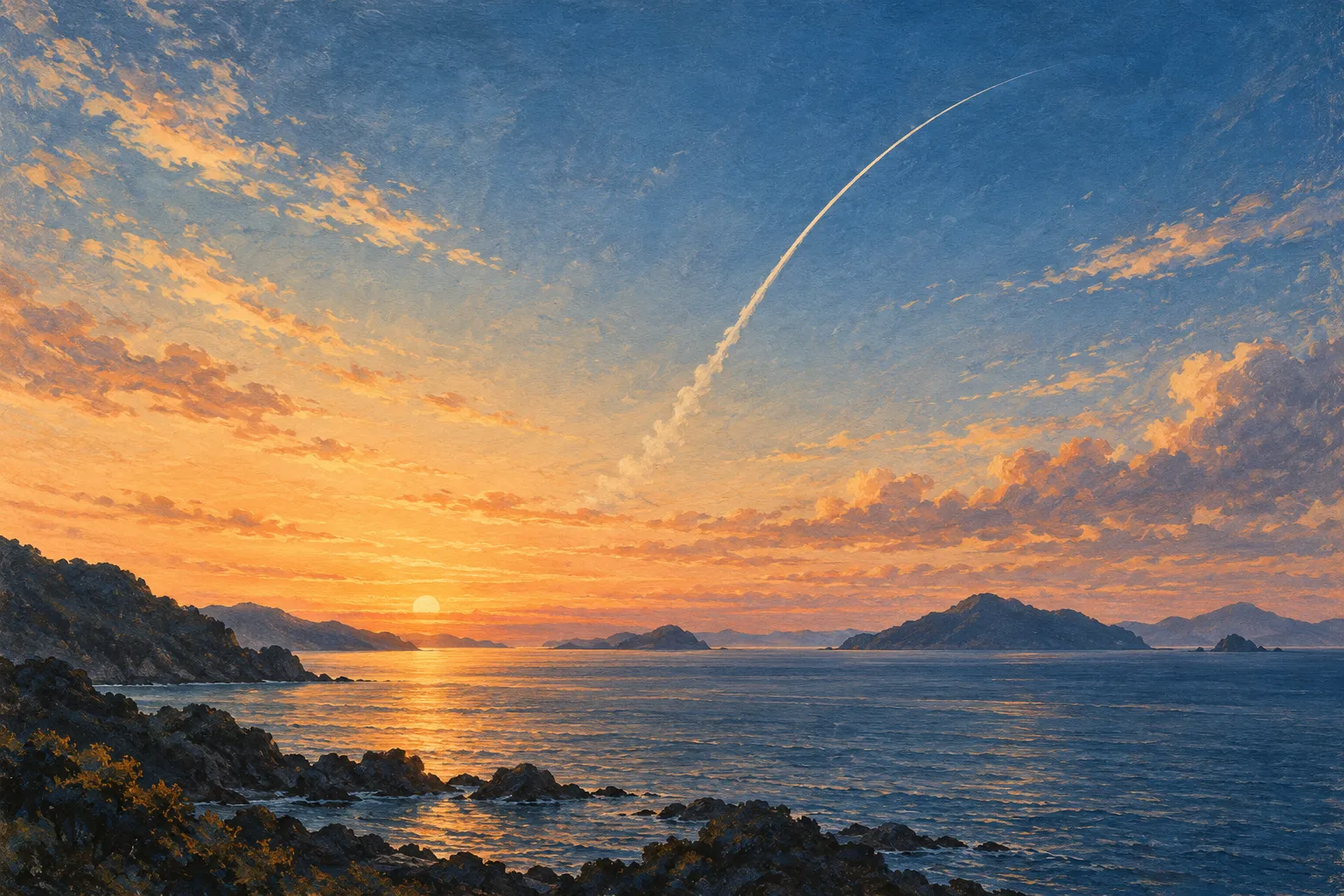Illustration of a white rocket trail arcing up into a dawn sky above the sea and islands